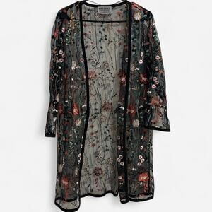 Ruff Hewn Grey Floral Embroidered Sheer Kimono/Cover Up